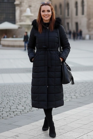 Günlük Kışlık Tam Boy Kürklü Kadın Siyah Şişme Mont Siyah