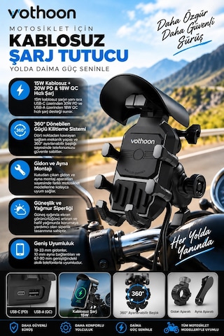 Şarjlı Motosiklet Telefon Tutucu Güneş Ve Yağmur Korumalı 15w Kablosuz 360 Döner Gidon Ve Ayna Bağl 26688802