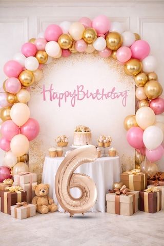 6 Yaş Pompa Hediyeli Doğum Günü Seti Banner Gold Pembe Kum Beji Beyaz Balonlar Rose Gold Rakam Çok Renkli