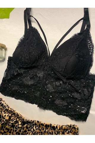 Leopar Desenli Saten Şortlu Bralet Takım Kahverengi