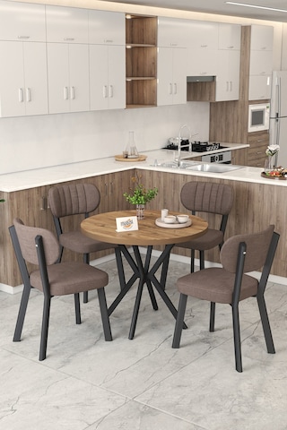 Gnr 90cm Sabit Atlantik Mutfak Masası Takımı, Yemek Masası, 4 Modern Kahverengi Sandalye Kahverengi