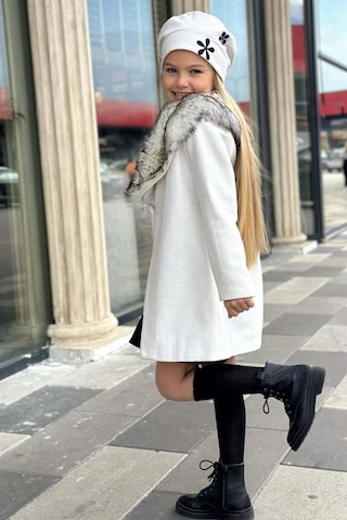 Riccotarz Kız Çocuk Yakası Kürk Ve Yonca Detaylı Etekli Ekru Kaşe Ekru