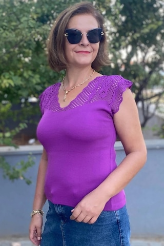 Mia Butik Kadın Mor Sıfır Kol Ajurlu Triko Bluz Mor