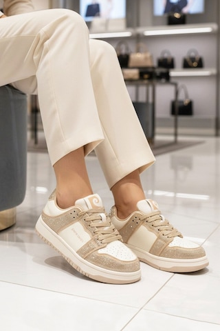 Pierre Cardin Beyaz Bej Bağcıklı Taş İşlemeli Hafif Kadın Sneaker Pcı-11505 G Bej