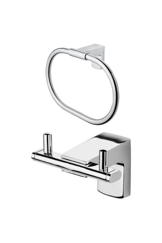 Ahlez Premium Ikili Bornoz Askılık Yuvarlak Havluluk Banyo Seti Krom