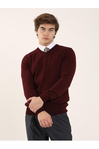 Dufy Bordo Erkek Slim Fit V Yaka Triko - 91117 Bordo