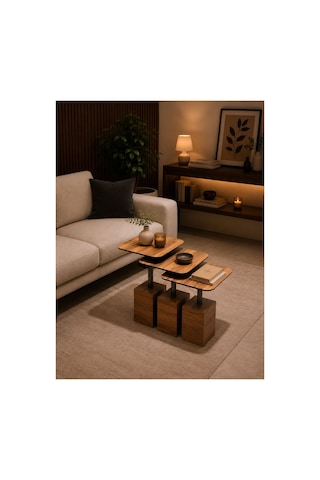 Modern Zigon Sehpa Trio Yan Sehpa Servis Sehpası Ceviz %100 Mdf Kahverengi Kahverengi