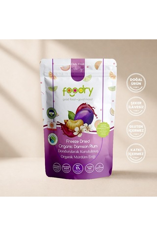 Foodry Dondurularak Kurutulmuş Organik Mürdüm Eriği Freeze Dry Damson Plum Katkısız Çıtır Meyve 17 G