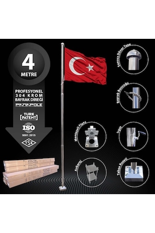 4 Metre Paslanmaz Krom Profesyonel Bayrak Direği