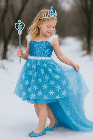 Parti Selesi Karlar Ülkesi Frozen Elsa Kostüm Mavi Ön Kısa Arka Uzun Elbise Kız Çocuk Kıyafet Açık Mavi