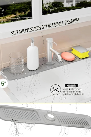 Elastik Musluk Matı Su Tutucu Düzenleyici Kaydırmaz Taban Organizer Mutfak Banyo Lavabo Gri