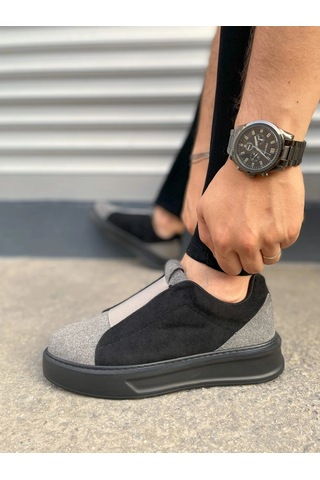 Mevese Torino Erkek Bağcıksız Cilt Günlük Sneaker Ayakkabı Ortopedik Kalın Taban Gri