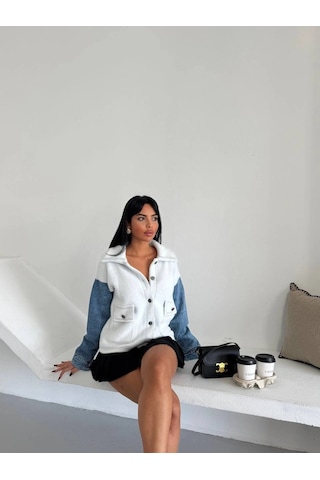 Konus Femme Denim Kol Detaylı Kontrast Ceket Güçlü Stil, Net Duruş-beyaz - Beyaz