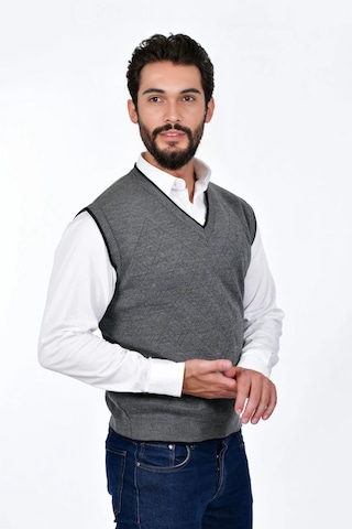 Kamalı Gri Erkek Çelik Örgü Intersiye Kışlık Kalın Triko V Yaka Triko Örgü Tüylenmez Süveter Gri