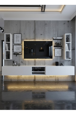 Resital Ledli Duvara Monte Tv Sehpası - Beyaz - W6002-1 Beyaz