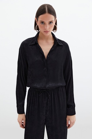 Sateen Jakarlı Saten Gömlek - Siyah-136036 Siyah