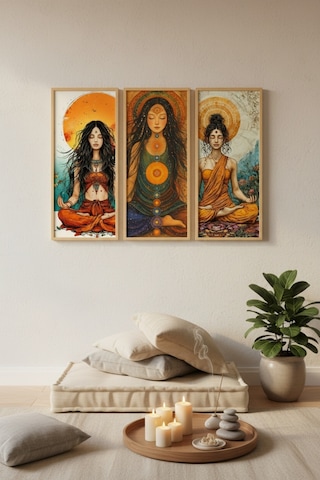 Yoga Tablosu 3 Lü Set 60x25 Cm Dikey Mdf Meditasyon & Yoga Temalı Duvar Tablosu