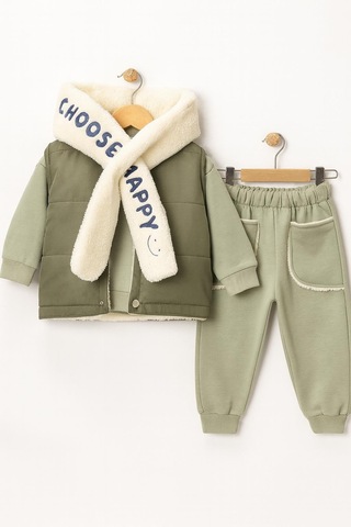 Bebek 3 Lü Kışlık Eşofman Takımı Polar Şallı, Şardonlu Yelekli, Sweatshirt Ve Alt 10697y Yeşil