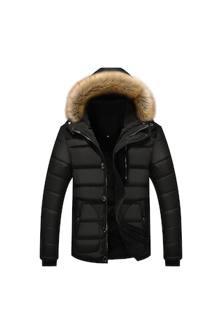 Erkek Polar Soğuk Dayanıklı Kapüşonlu Mont Siyah