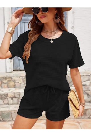 Munn Collection Kadın Kısa Kollu Bisiklet Yaka Alt Ve Üst Waffle Ikili Takım Siyah