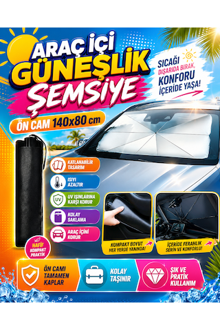 Araç İçi Güneşlik Şemsiye Ön Cam 140x80 Cm Katlanabilir Oto Güneş Koruyucu 1