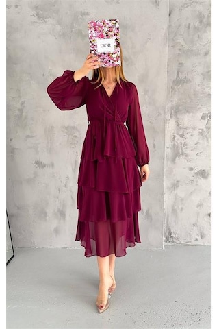 Dip Moda Kadın Astarlı Eteği Kat Kat Şifon Elbise Dpk2041 Bordo