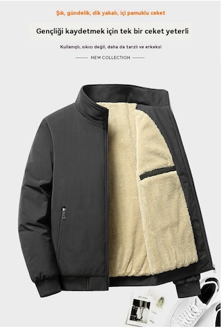 Fleece-lined, Thickened Stand-up Collar Casual Men's Jacket Yeşil