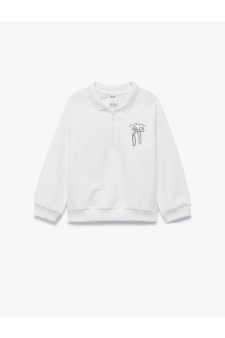 Koton Pamuklu Uzun Kollu Yarım Fermuarlı Polo Yaka Sweatshirt Ekru 7wmg10042ak