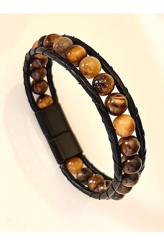 Kaplan Gözü Doğal Taş Çelik Hakiki Deri Erkek Bileklik 21 Cm Kahverengi - Siyah