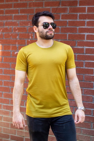 Erkek Koyu Sarı Basic Rahat İnce Petek Kumaş Spor Tshirt 22etshport 001