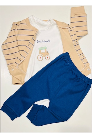 Erkek Bebek Araba Baskılı Pamuklu 3 Lü Takım Açık Bej Açık Bej