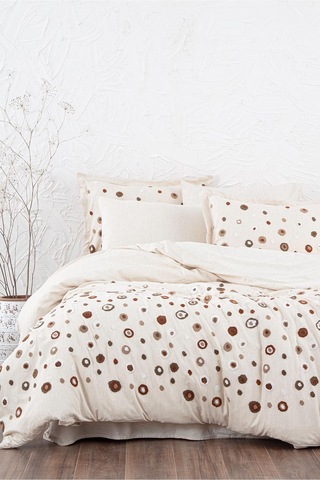 Ecocotton Lal Çift Kişilik Nevresim Takımı %100 Pamuk Keten Panç Nakışlı Bej 200x220 Cm-1527 Bej