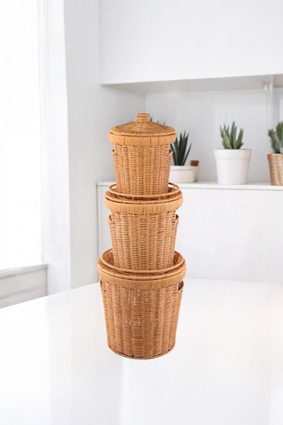 3'lü Hasır Kapaklı Patates Soğan Sepeti Seti Rattan Görünümlü Çok Amaçlı Mutfak Sepeti Kahverebgi