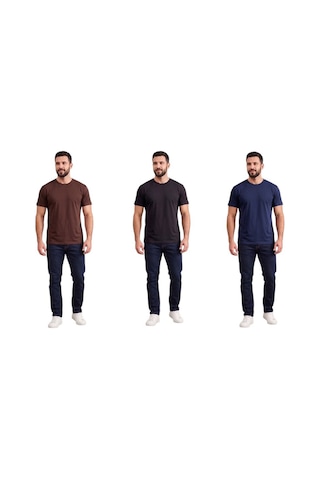 Bigmost Erkek 3'lü Set Premium Modal Kumaş Regular Fit Basic Tişört Siyah - Lacivert - Kahve