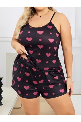 Gizers Giyim Büyük Beden Siyah Kalp Desen İnce Askılı Pamuklu Şortlu Pijama Takımı