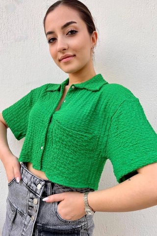 Bbbutikbasic Bürümcük Cepli Crop Gömlek Yeşil