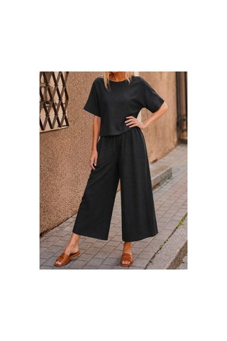 Butik İstanbul Kadın Kısa Kollu Kayık Yakalı Bluz Ve Pantolon Ikili Takım Siyah