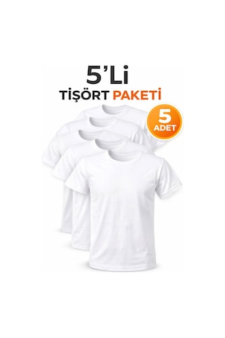 Hanclo 5 Li Erkek Basic Tişört Seti Pamuklu Regular Fit Günlük Rahat T-shirt Beyaz