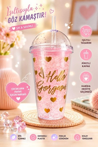 Led Işıklı,pipetli ,simli Pullu Desenli Çocuklara Sevimli İçeçek Bardağı Pembe Pembe