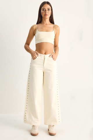 Shade Kadın Yanları Metal Detaylı Wide Leg Denim Pantolon 60282058 - Krem