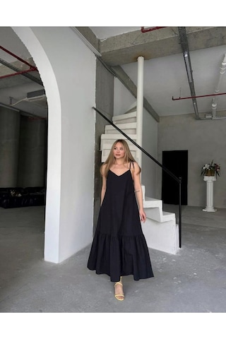 Poplin Kumaş Ayarlanabilir Askılı Elbise Siyah