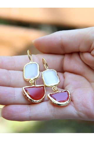 İkili Model Kedigözü Cam Sallantılı Kadın Küpe Euku26k Kırmızı