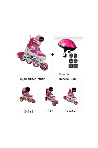 Işıklı Çocuk Pateni Ayarlanılabilir Silikon Tekerli Frenli Metal Gövdeli Paten Ve Kask Dizlik Set Pembe