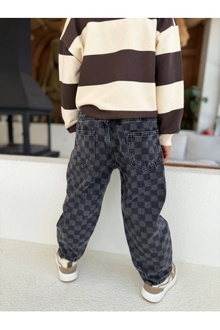 Ponki Unisex Çocuk Oversize Damalı Denim Jean Pantolon Kahverengi
