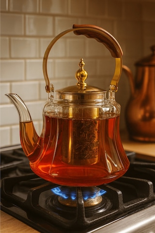 Ahşap Saplı Isıya Dayanıklı Borosilikat Amber Cam Demlik 1200 Ml Süzgeçli Cam Demlik Amber