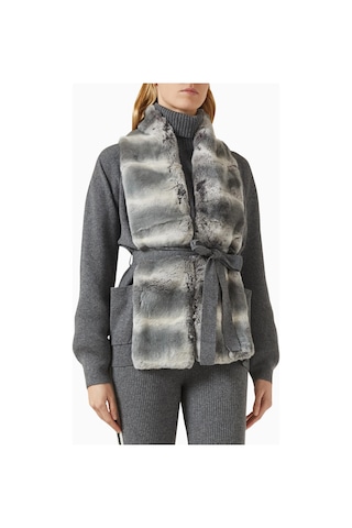 Izaak Azanei Fur Tie - Detail Jacket, Şık Ve Lüks Kadın Kürk Detaylı Ceket Gri