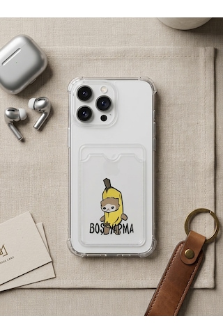 Apple Uyumlu iPhone 14 Pro Max Boş Yapma Muz Detaylı Kart Bölmeli Şeffaf Telef