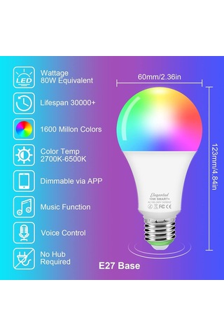 Alexa Ampüller E27 Akıllı Led Lamba, 10w Wifi Renk Değişen Led Rgb Ampul 16 Milyon Renk, Uygulama Kontrolü Kısıl Diğer