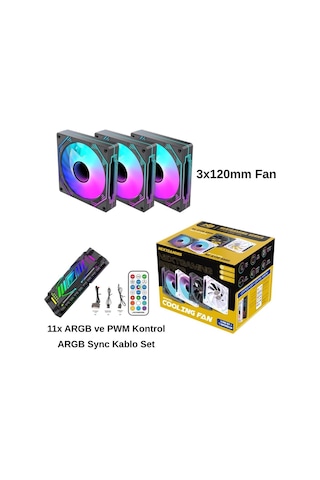 NG-A120B 3 Adet 120mm Kasa Fan 11X ARGB PWM Slot Kontrolcü ve Kumanda Siyah