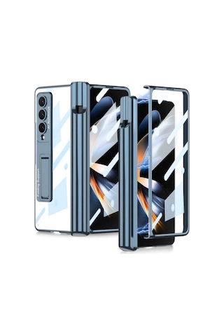Samsung Uyumlu Galaxy Z Fold 4 Kılıf Zore Kıpta Standlı Kalem Bölmeli Kapak Mavi